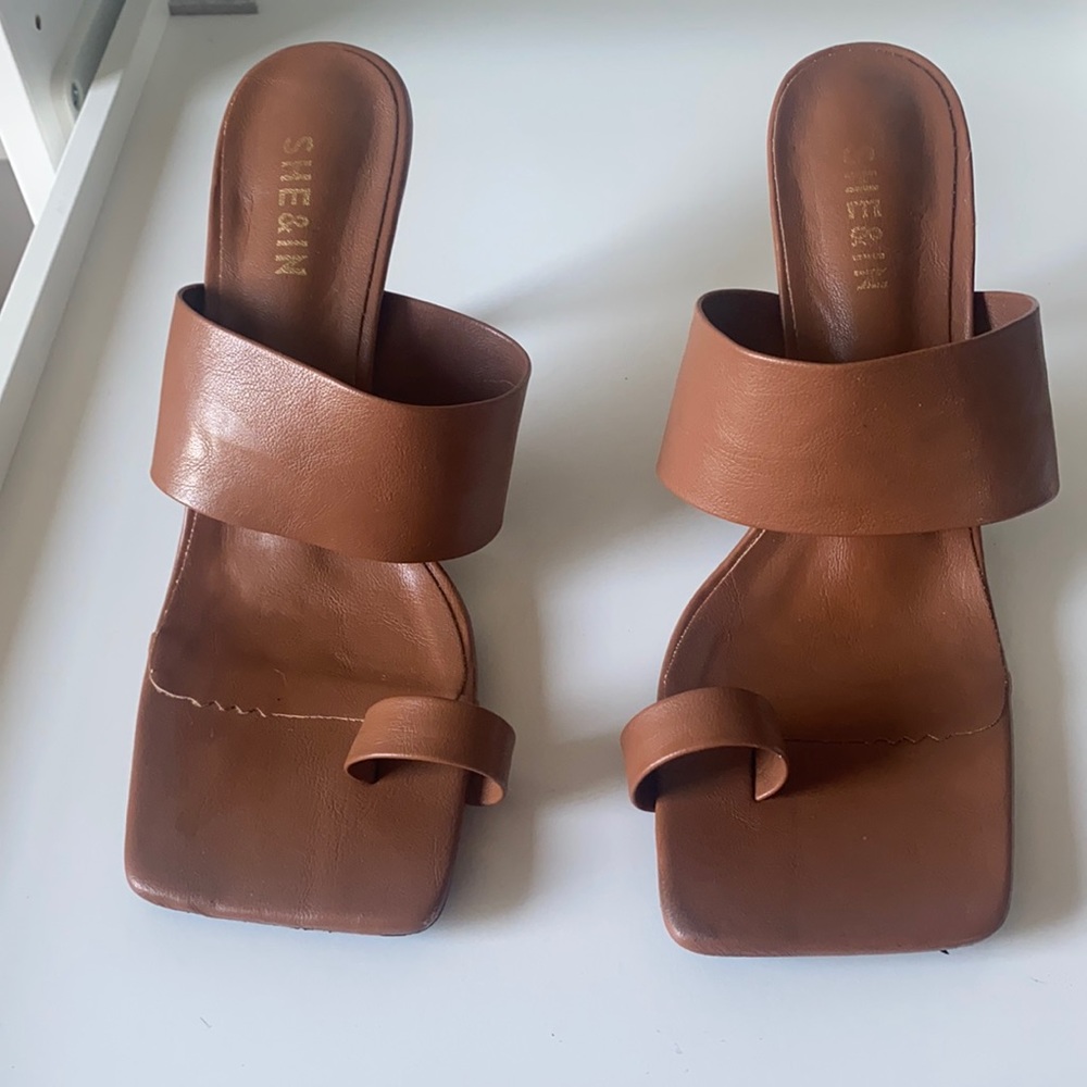 Tan square toe heels